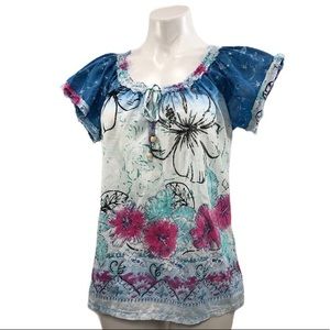 Chaudry Kc Boho Floral Tie Raw Edge Top
